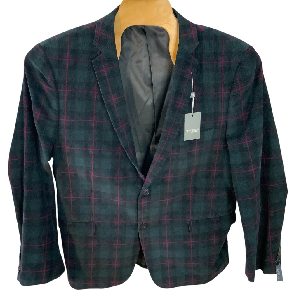 MADISON‎ Plaid Corduroy Jacket Coat MENS 46/48 Blazer Modern Fit Blue Green Red